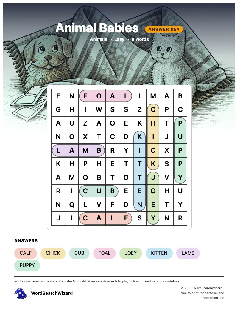 Animal Babies word search answer key, all 8 words marked