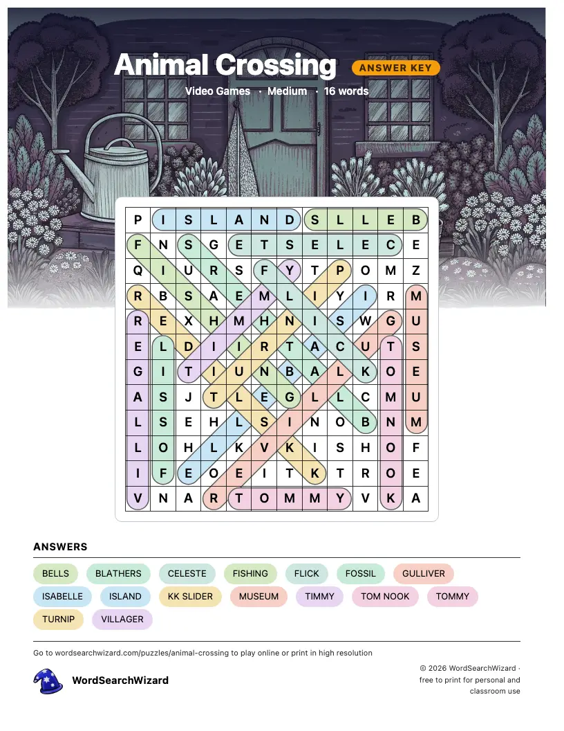 Animal Crossing word search answer key, all 16 words marked