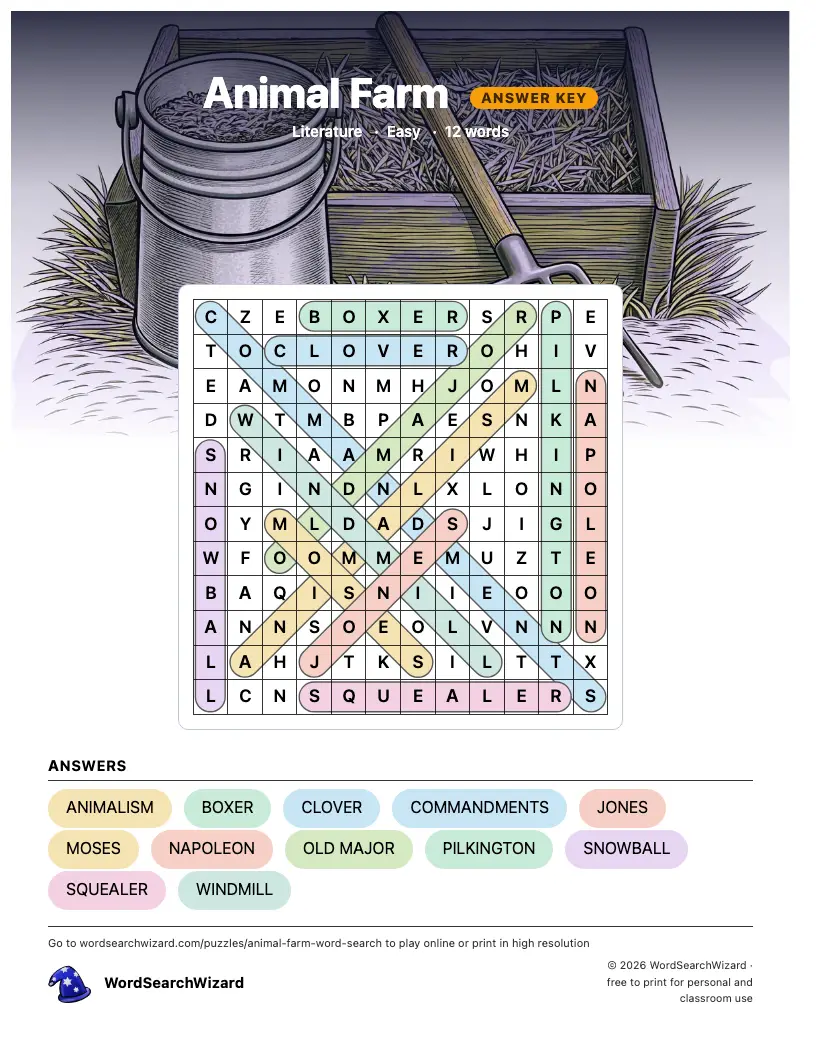 Animal Farm word search answer key, all 12 words marked