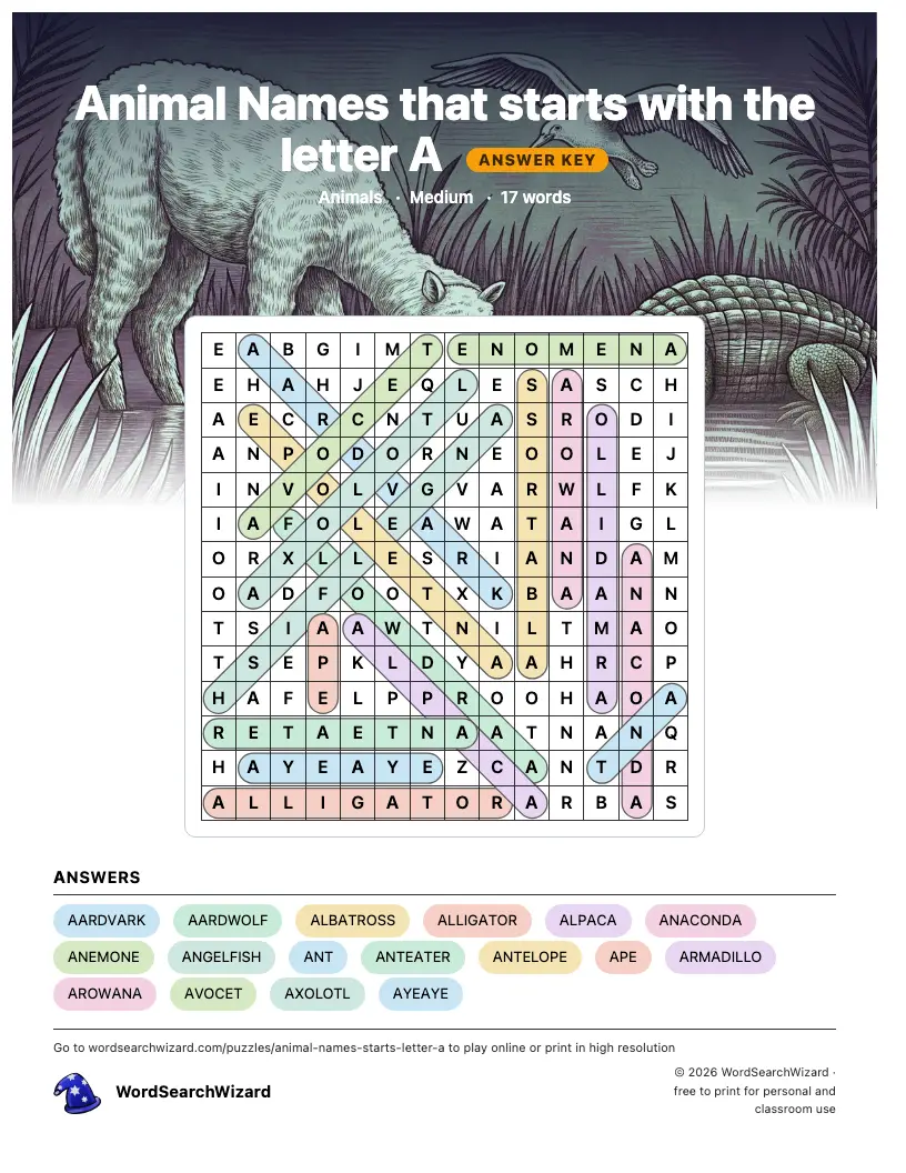 Animal Names that starts with the letter A word search answer key, all 17 words marked