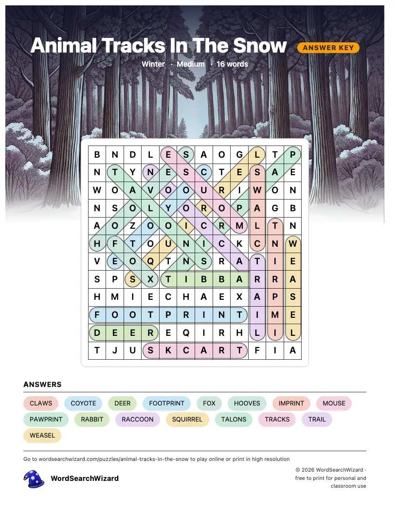 Animal Tracks In The Snow word search answer key, all 16 words marked