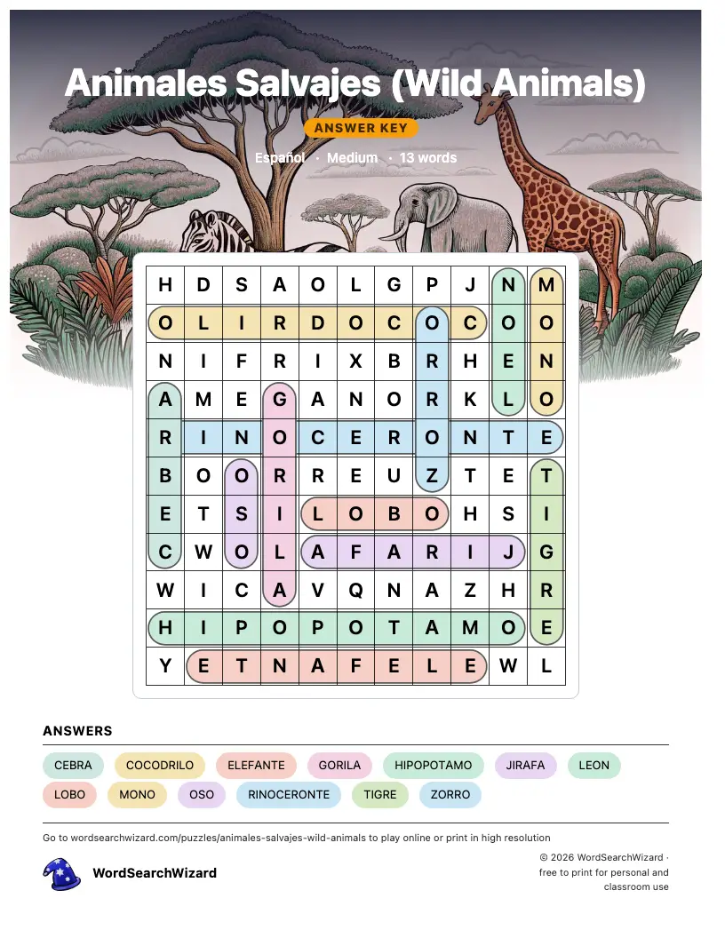 Animales Salvajes (Wild Animals) word search answer key, all 13 words marked