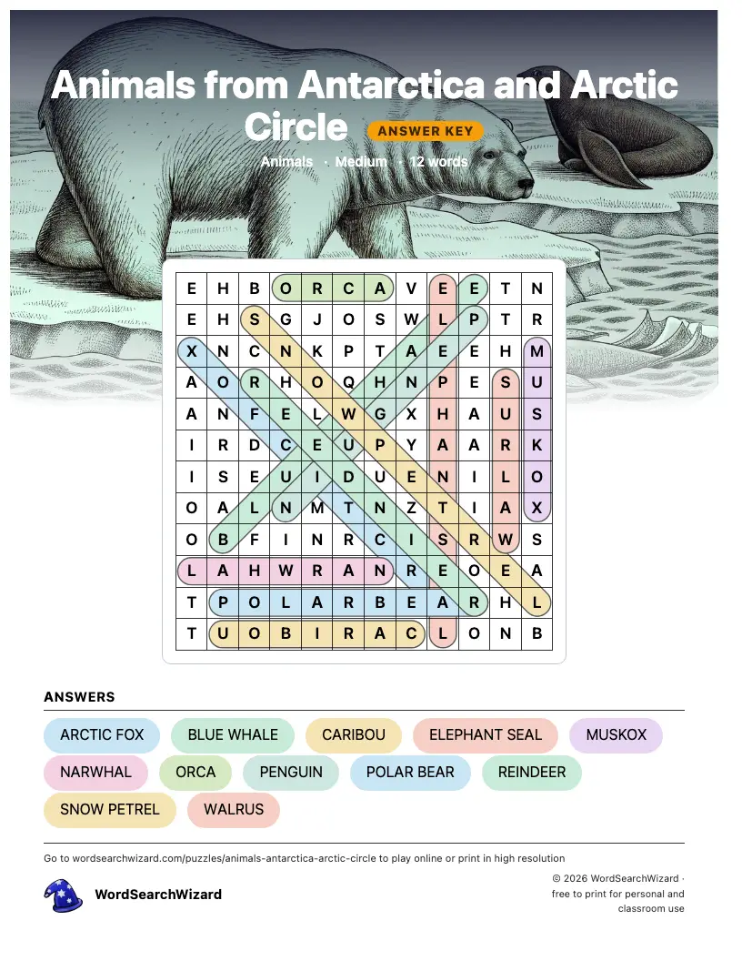 Animals from Antarctica and Arctic Circle word search answer key, all 12 words marked