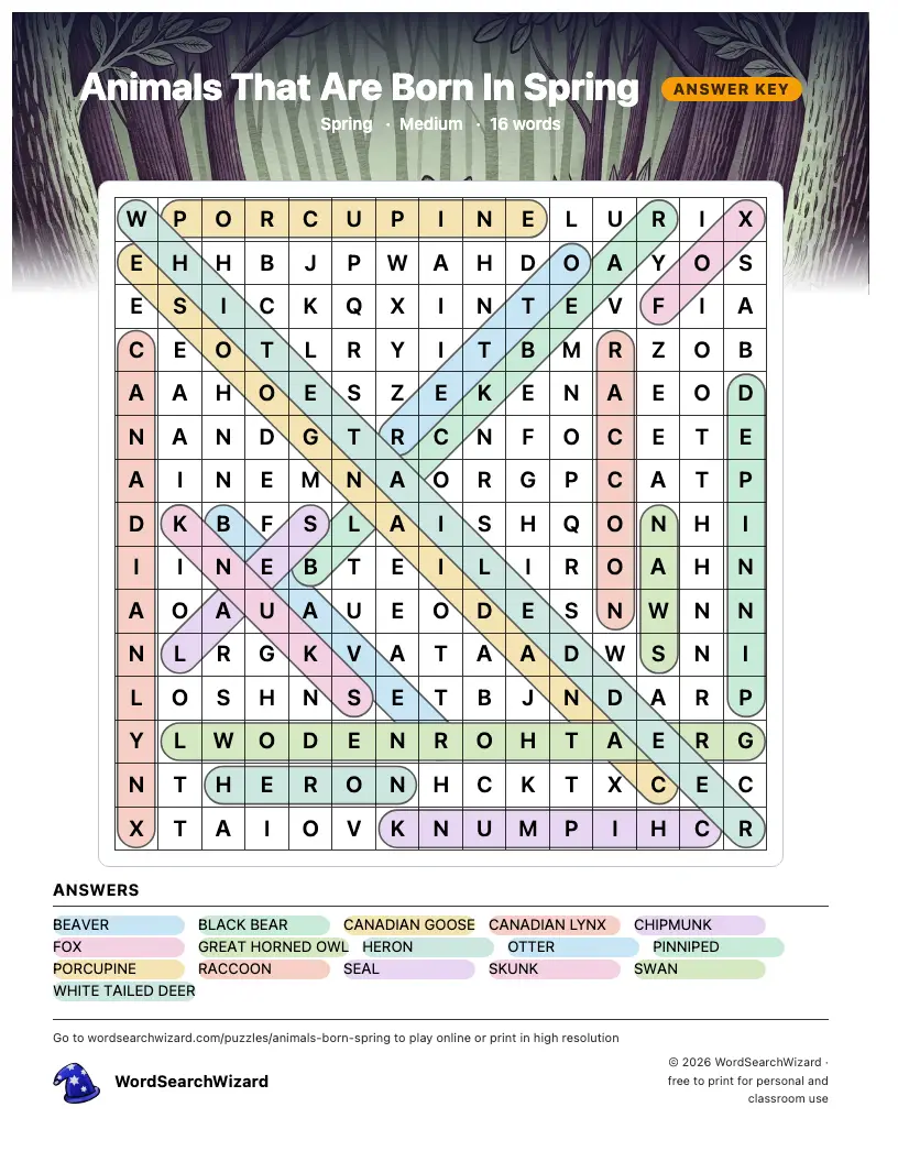 Animals That Are Born In Spring word search answer key, all 16 words marked