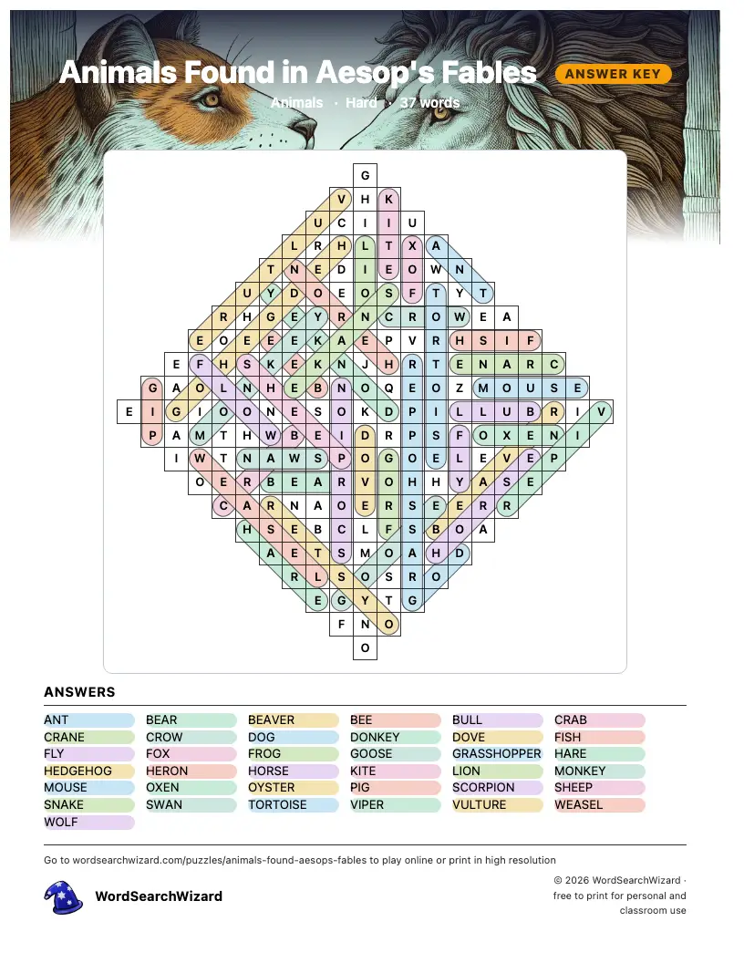Animals Found in Aesop's Fables word search answer key, all 37 words marked