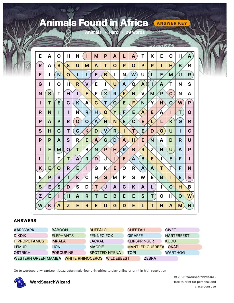 Animals Found in Africa word search answer key, all 29 words marked