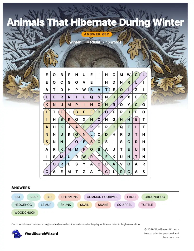 Animals That Hibernate During Winter word search answer key, all 15 words marked
