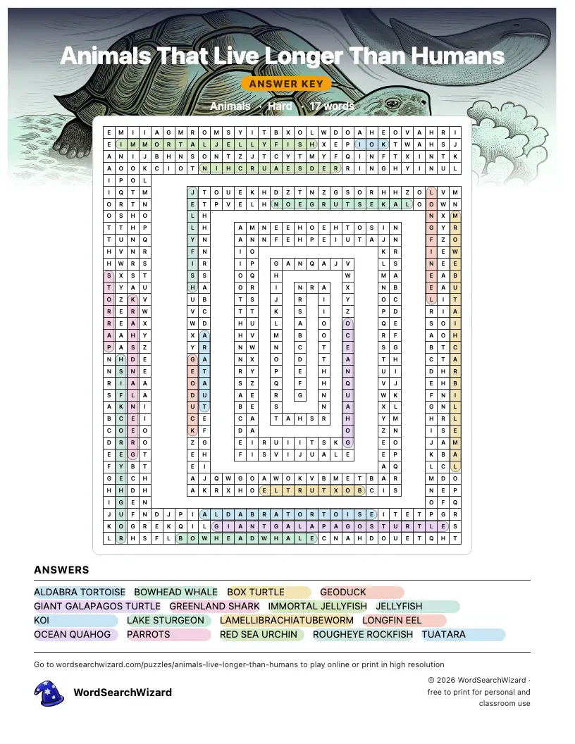 Animals That Live Longer Than Humans word search answer key, all 17 words marked