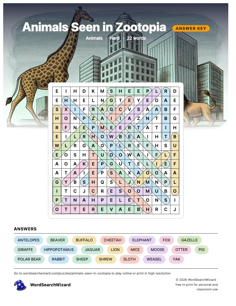 Animals Seen in Zootopia word search answer key, all 22 words marked