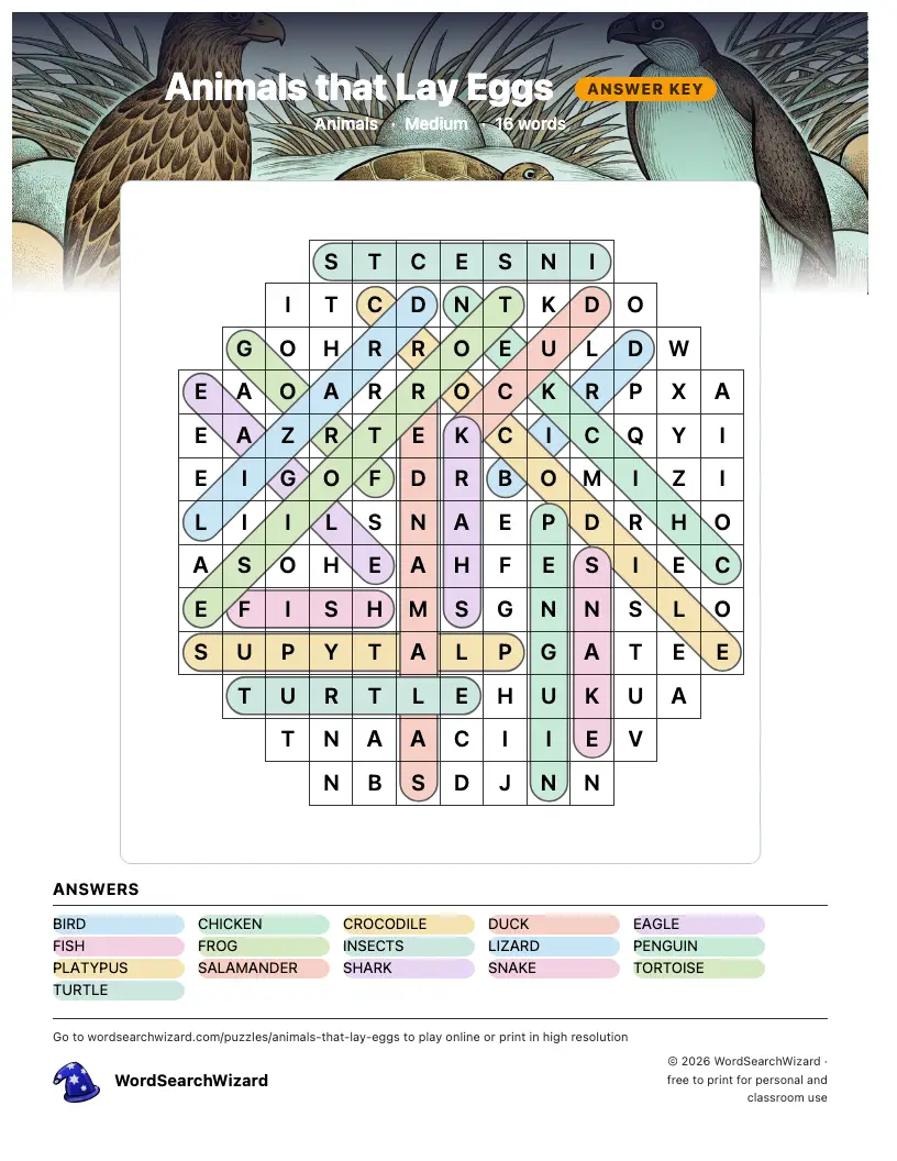 Animals that Lay Eggs word search answer key, all 16 words marked