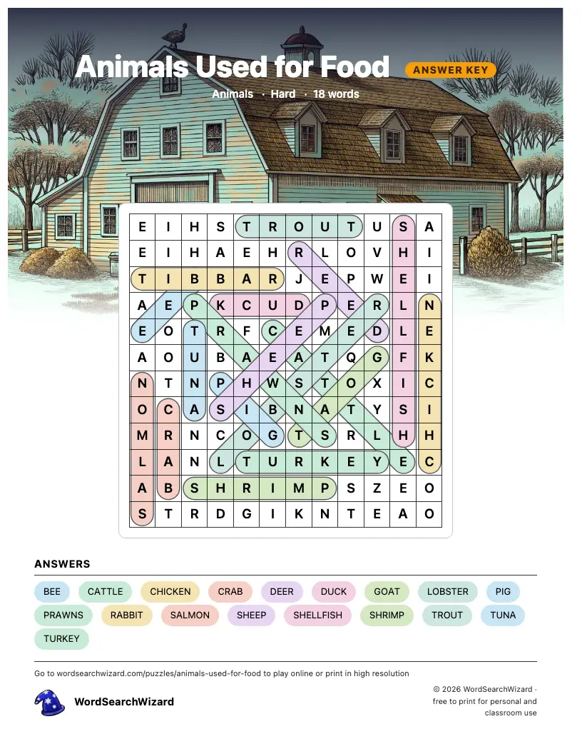 Animals Used for Food word search answer key, all 18 words marked
