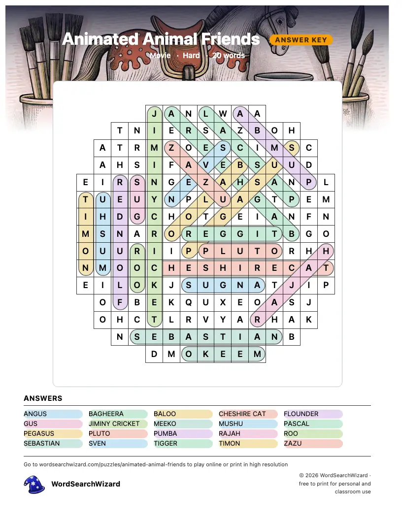 Animated Animal Friends word search answer key, all 20 words marked