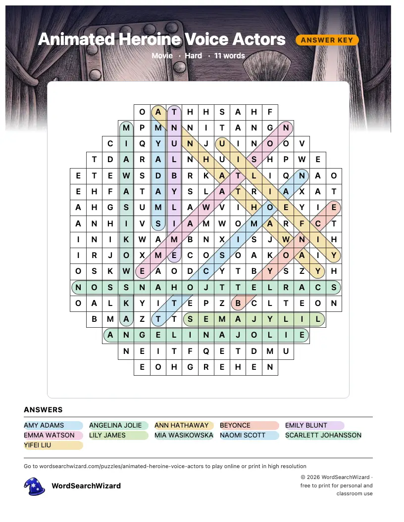 Animated Heroine Voice Actors word search answer key, all 11 words marked