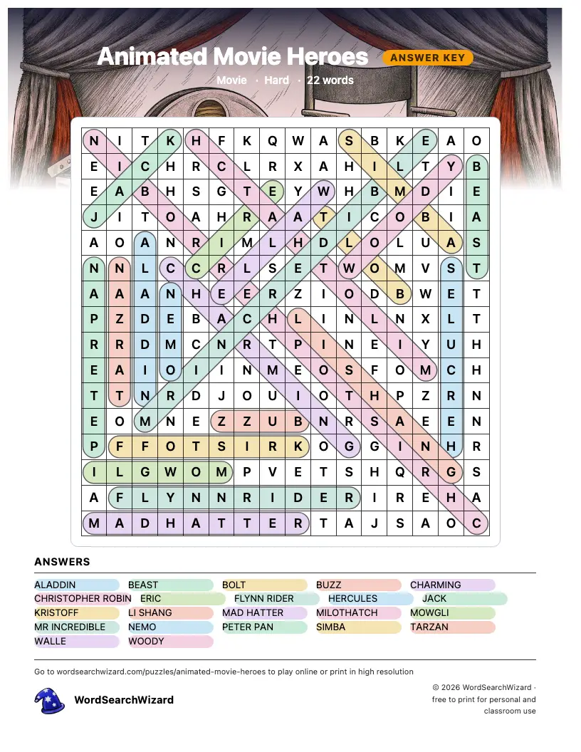 Animated Movie Heroes word search answer key, all 22 words marked