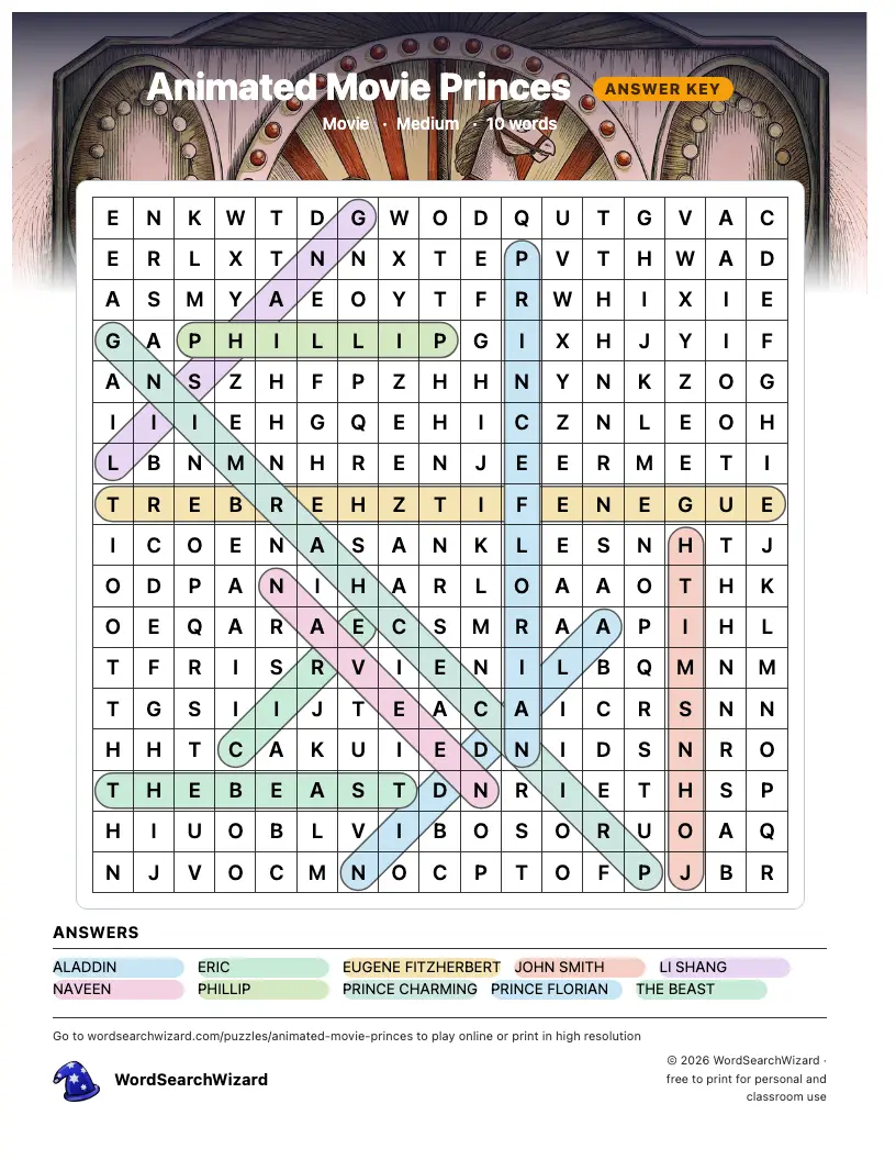 Animated Movie Princes word search answer key, all 10 words marked