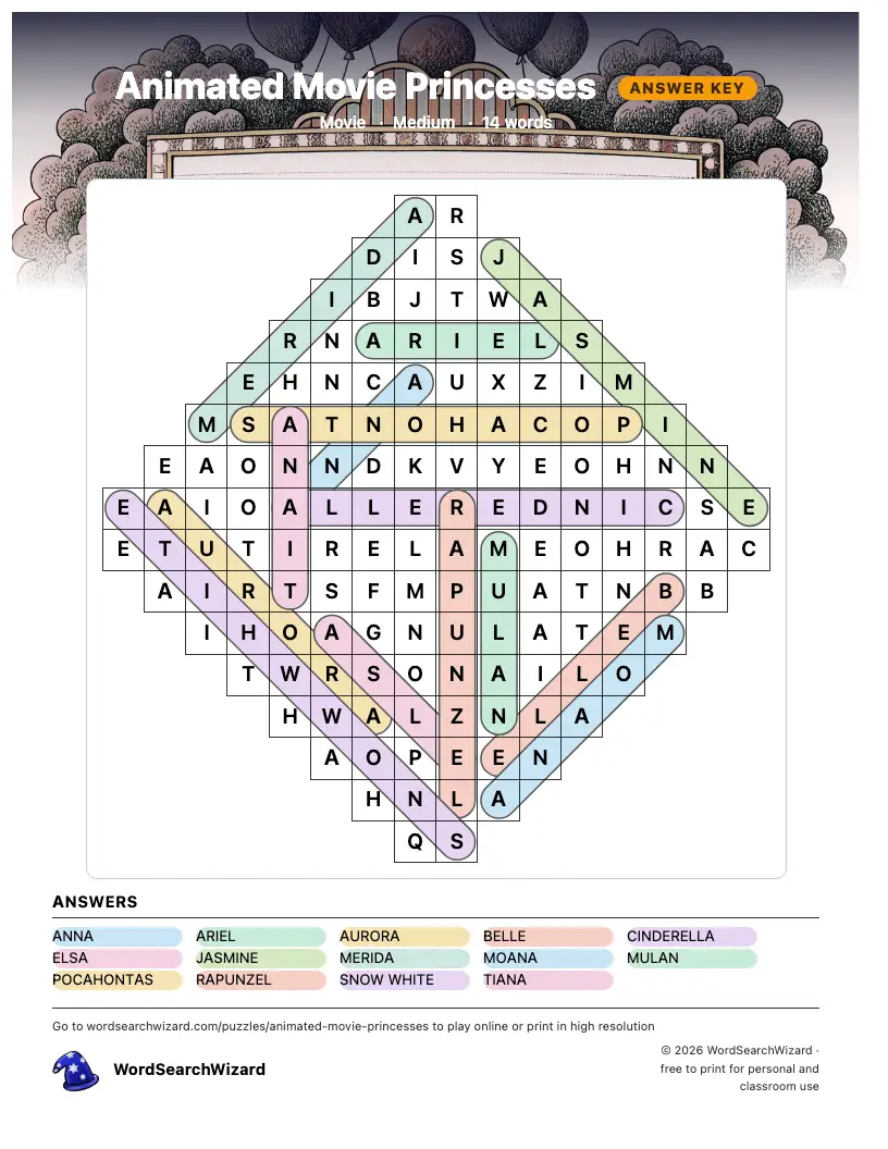 Animated Movie Princesses word search answer key, all 14 words marked