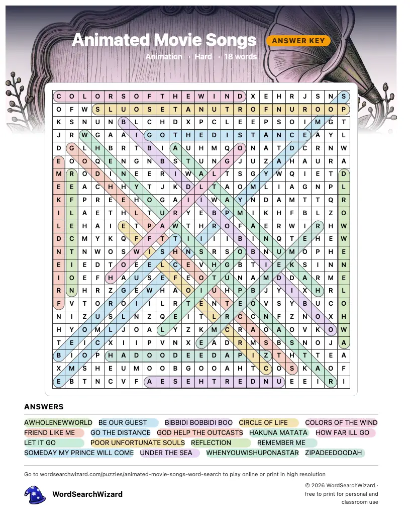 Animated Movie Songs word search answer key, all 18 words marked