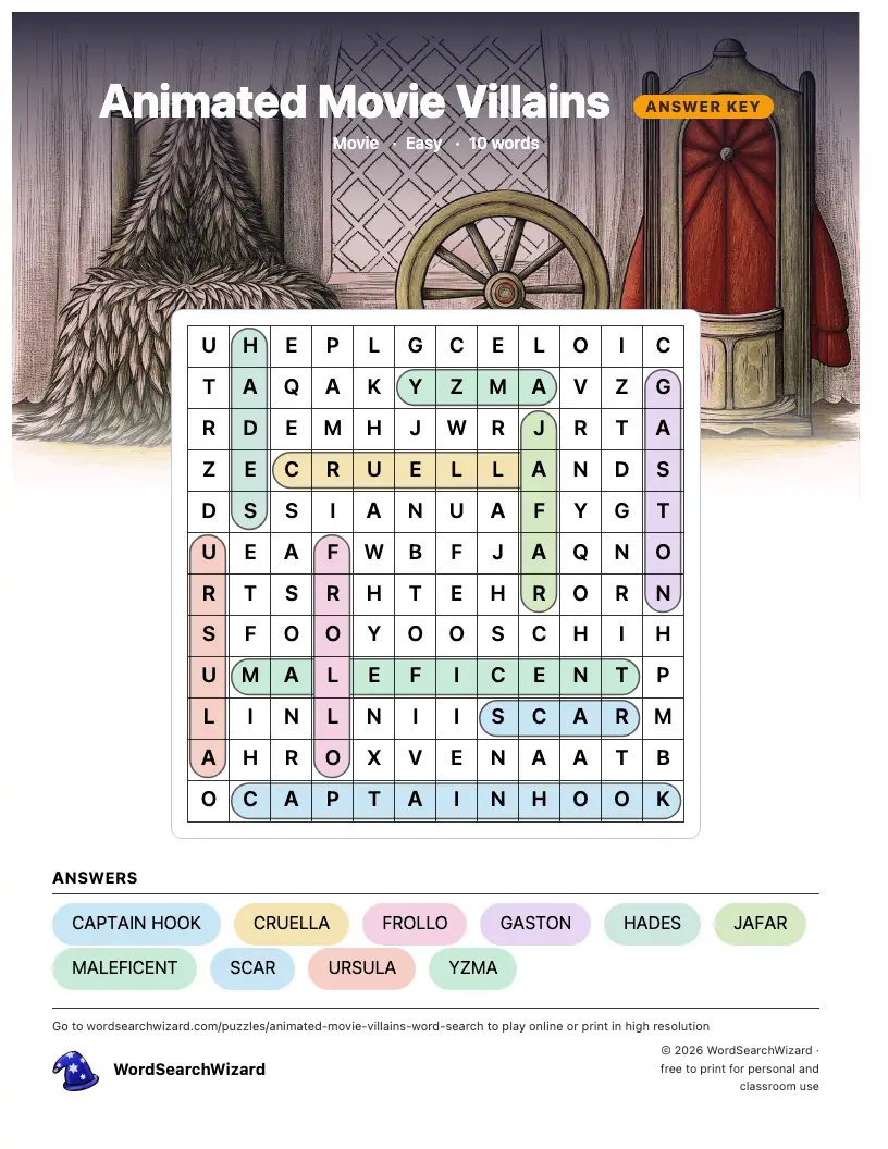 Animated Movie Villains word search answer key, all 10 words marked