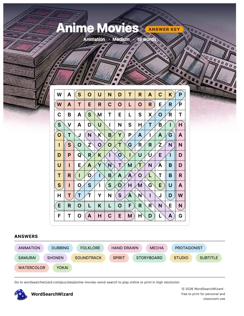 Anime Movies word search answer key, all 15 words marked