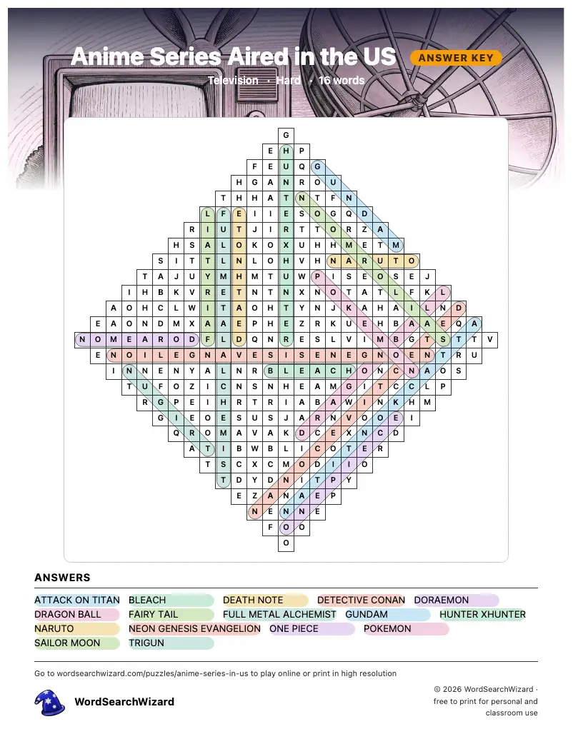 Anime Series Aired in the US word search answer key, all 16 words marked