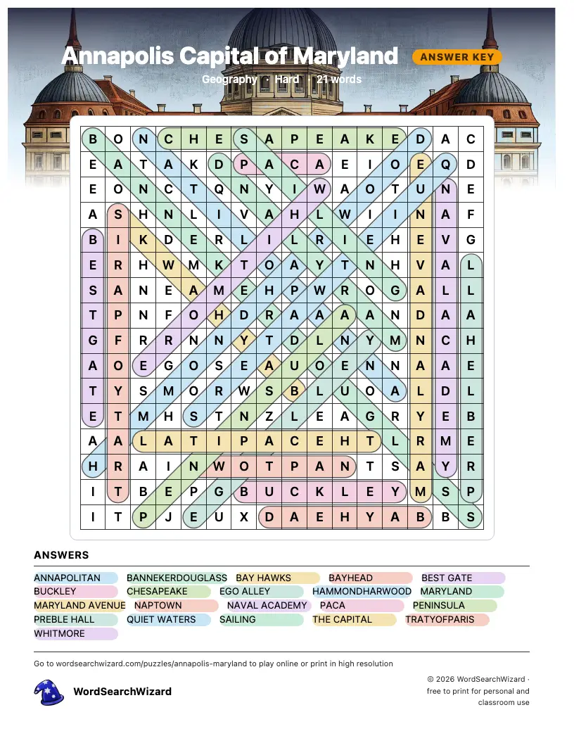 Annapolis Capital of Maryland word search answer key, all 21 words marked