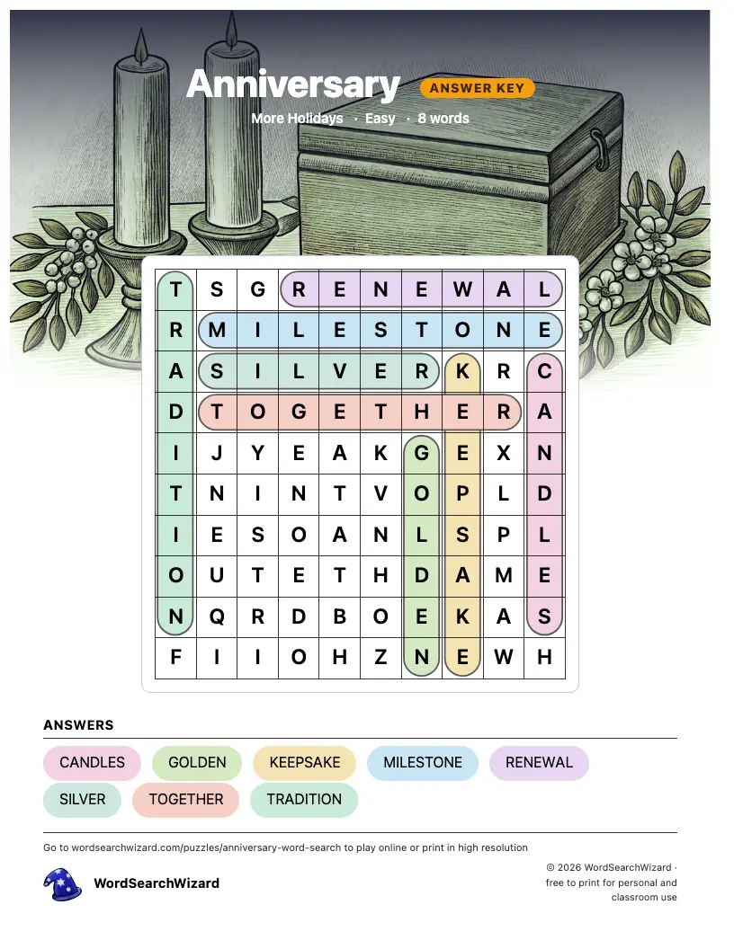 Anniversary word search answer key, all 8 words marked