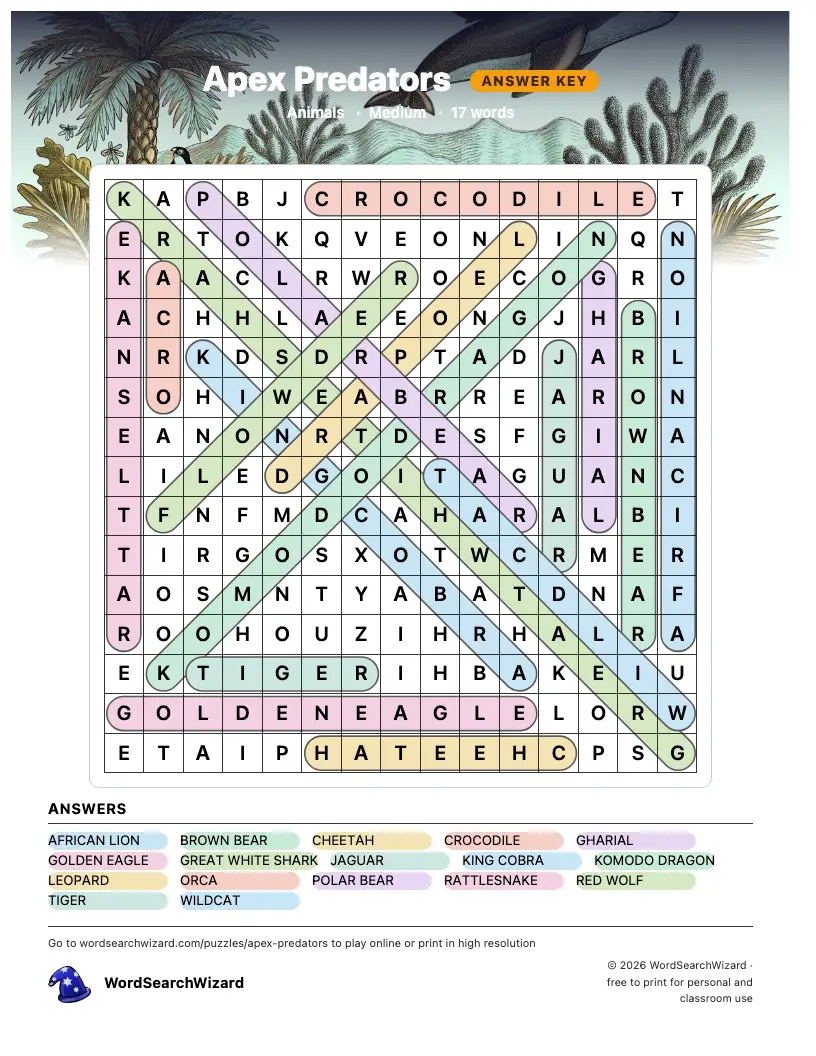 Apex Predators word search answer key, all 17 words marked