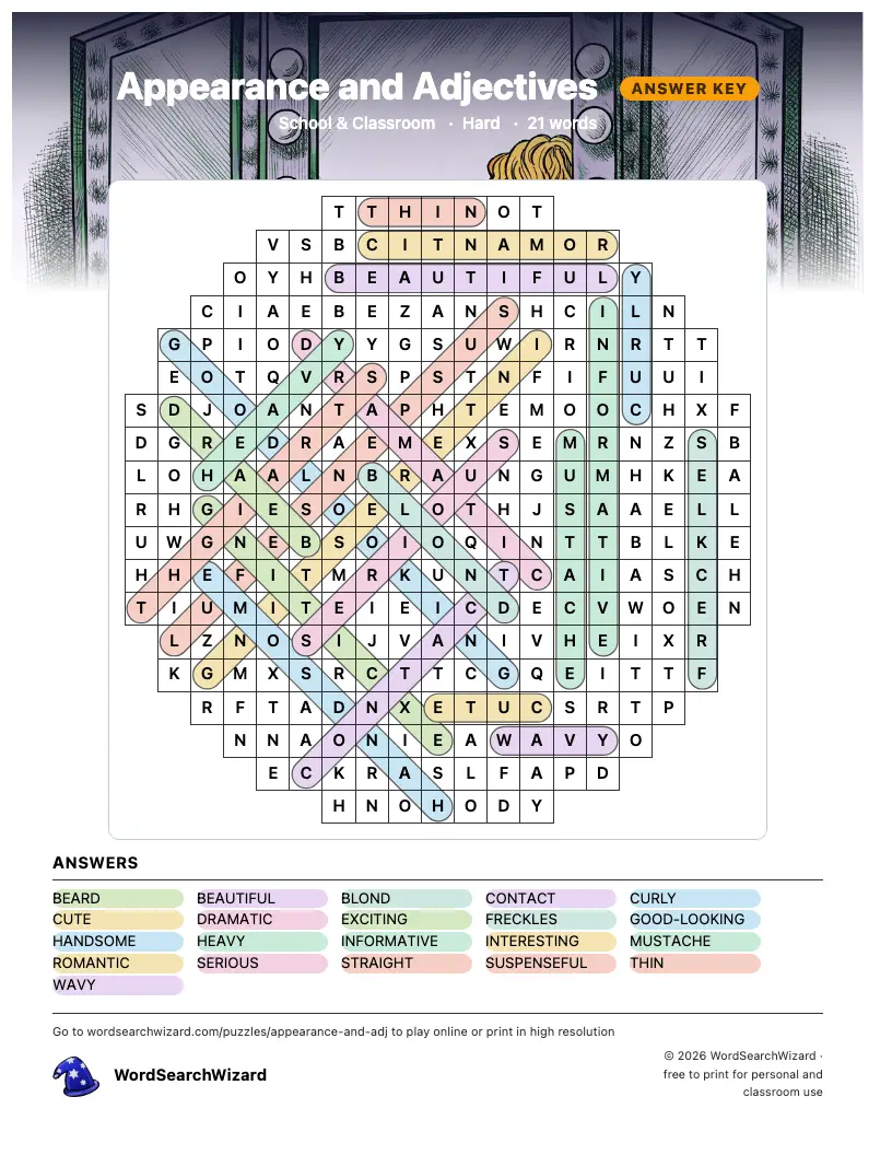Appearance and Adjectives word search answer key, all 21 words marked