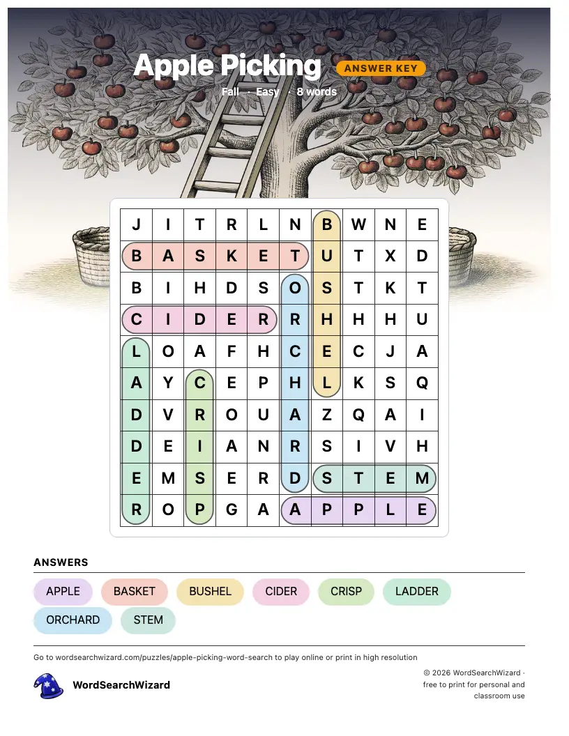 Apple Picking word search answer key, all 8 words marked