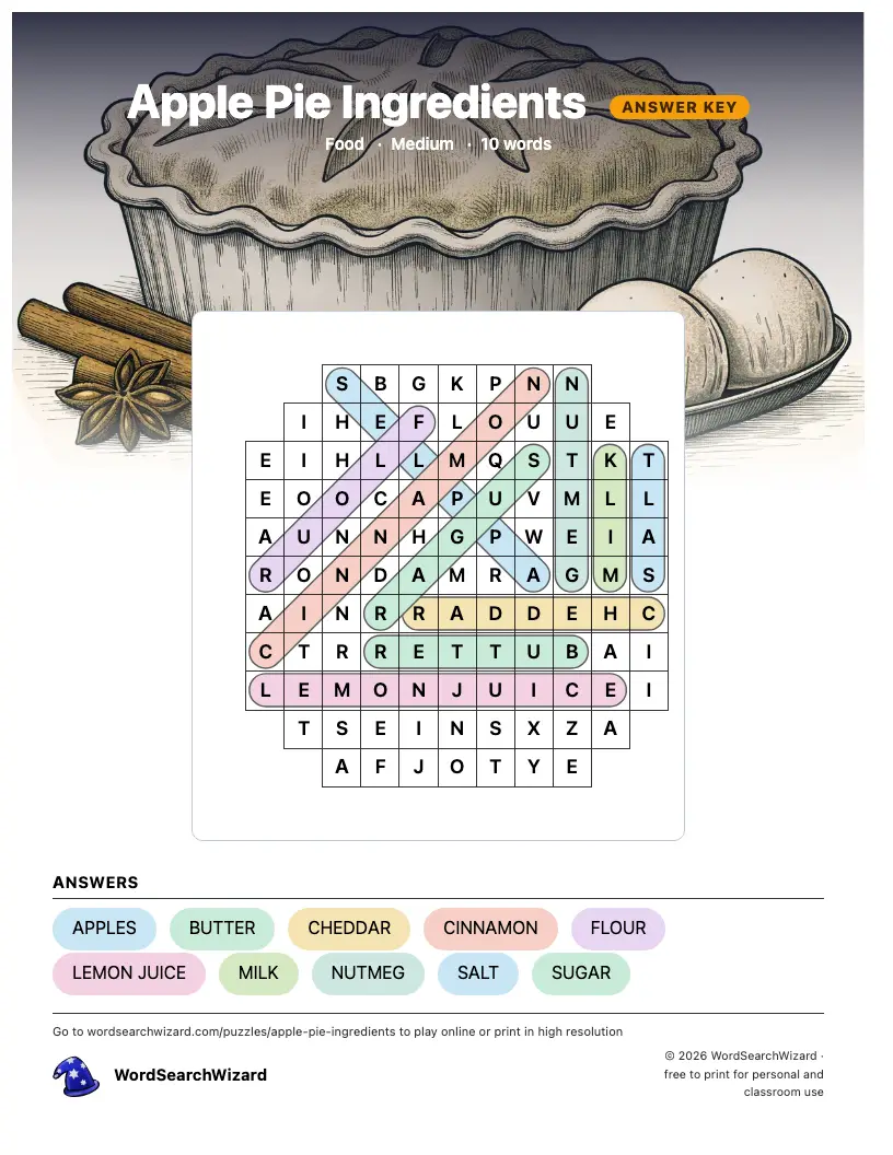 Apple Pie Ingredients word search answer key, all 10 words marked