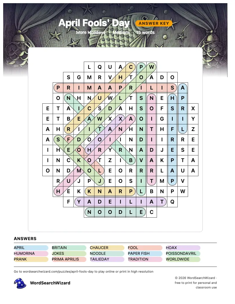 April Fools' Day word search answer key, all 15 words marked