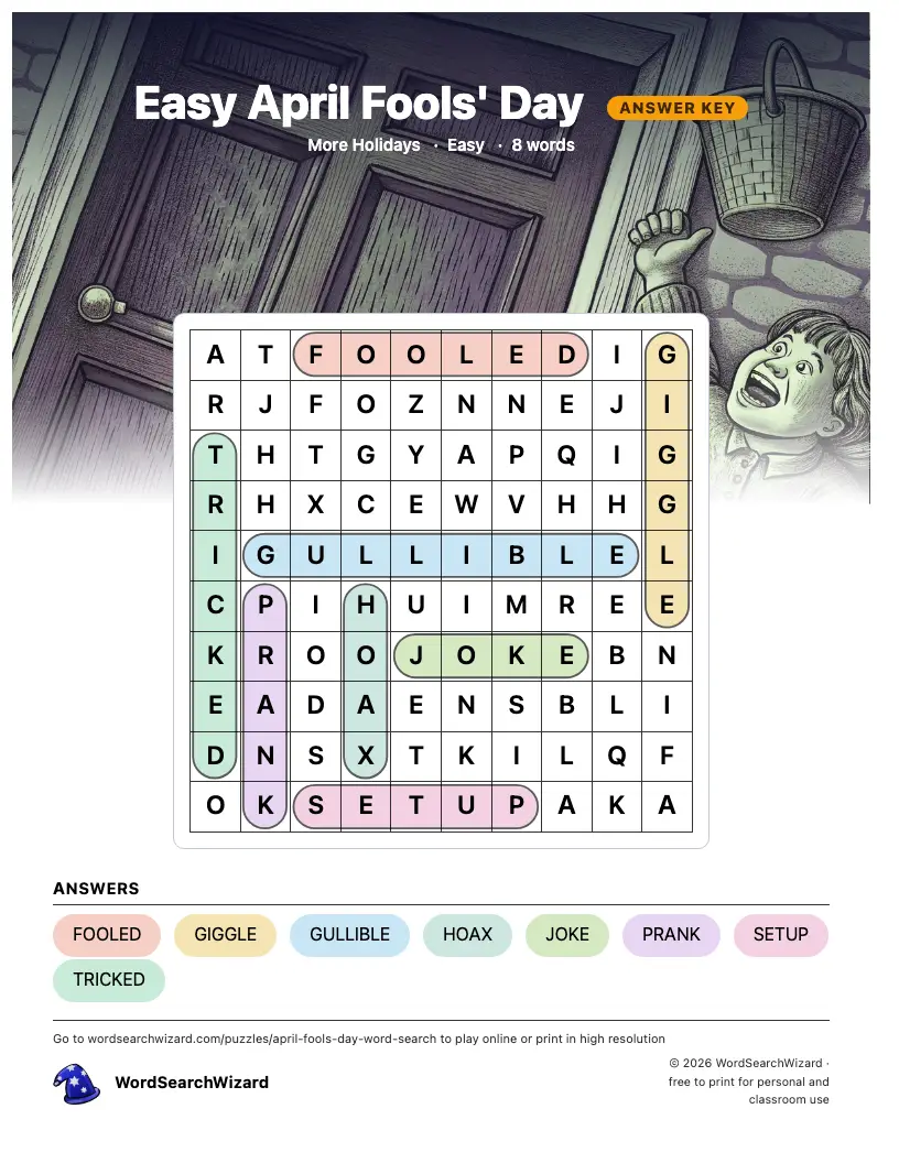 Easy April Fools' Day word search answer key, all 8 words marked