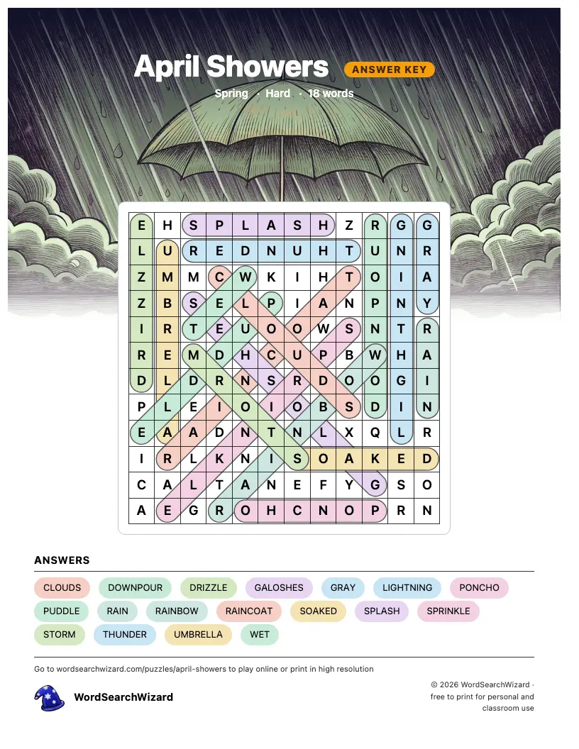 April Showers word search answer key, all 18 words marked