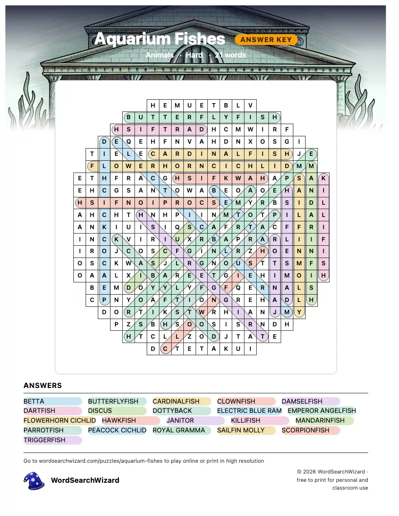 Aquarium Fishes word search answer key, all 21 words marked