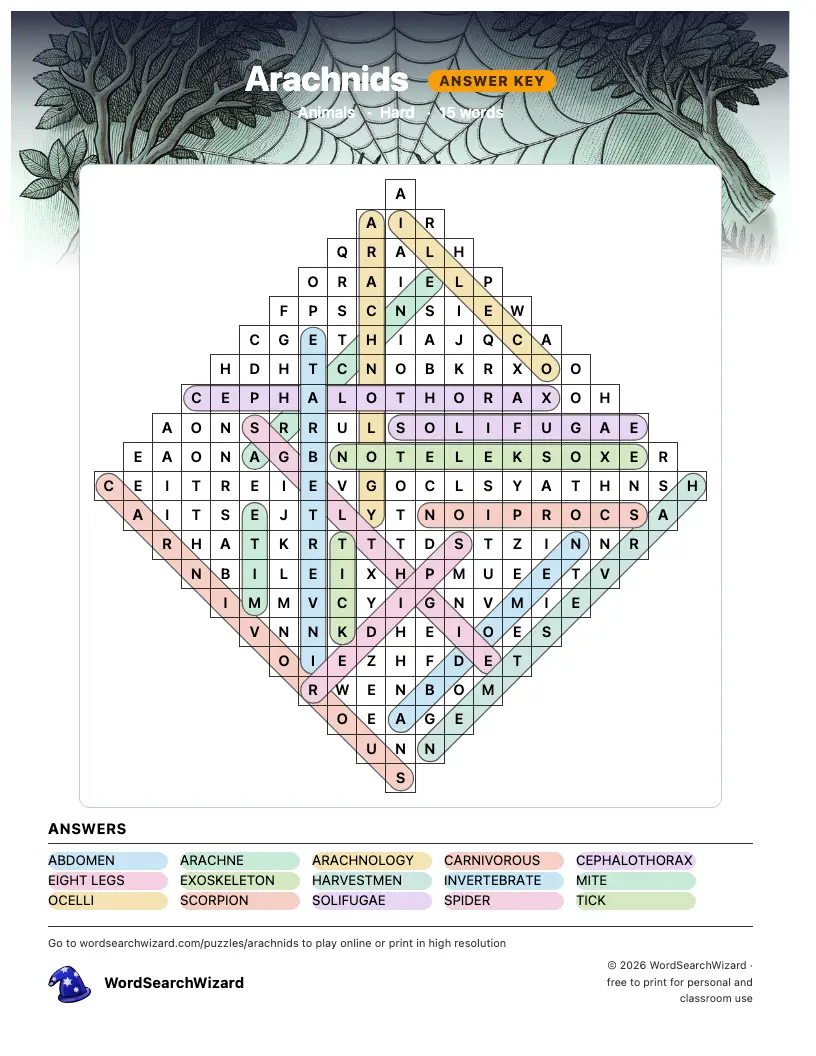 Arachnids word search answer key, all 15 words marked