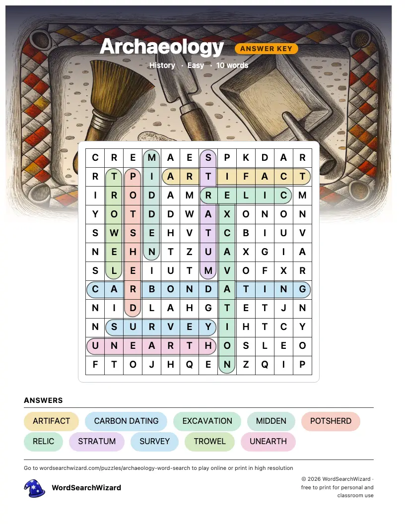 Archaeology word search answer key, all 10 words marked