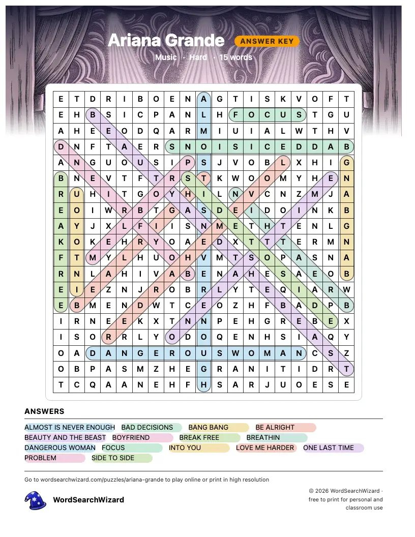 Ariana Grande word search answer key, all 15 words marked