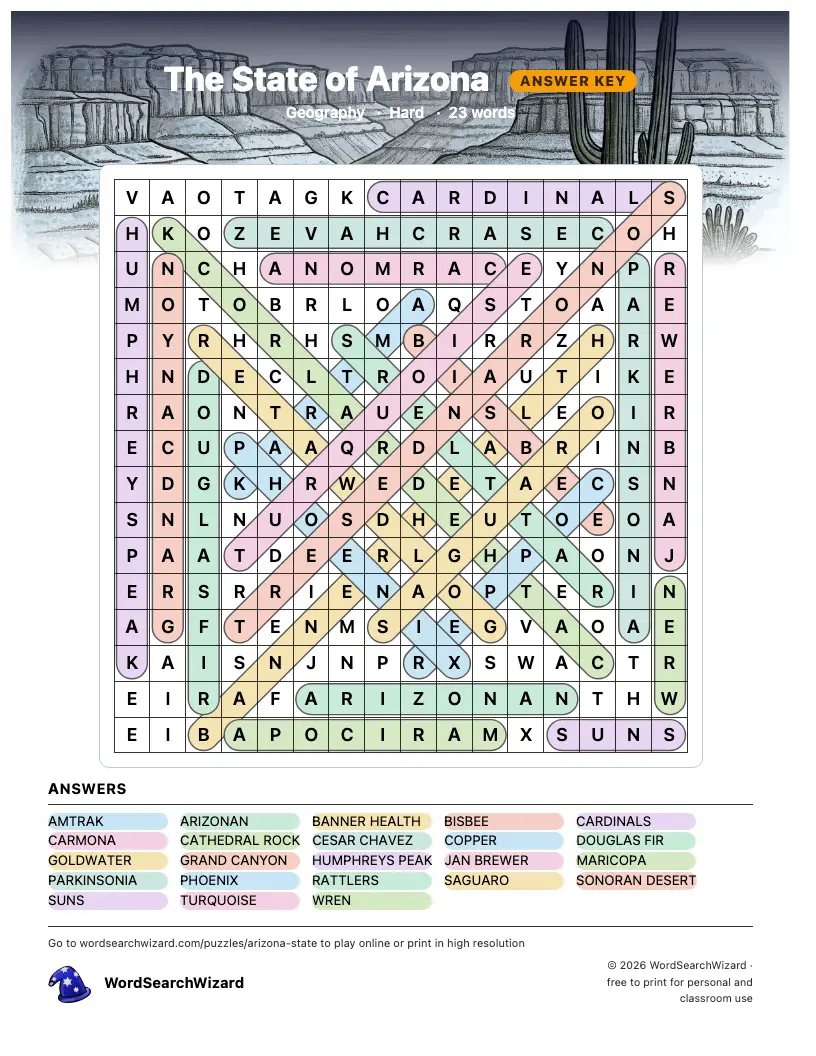 The State of Arizona word search answer key, all 23 words marked