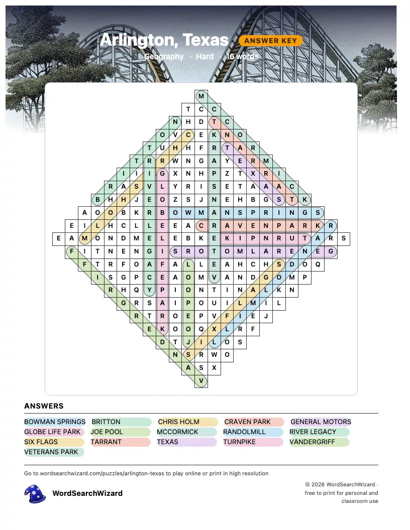 Arlington, Texas word search answer key, all 16 words marked