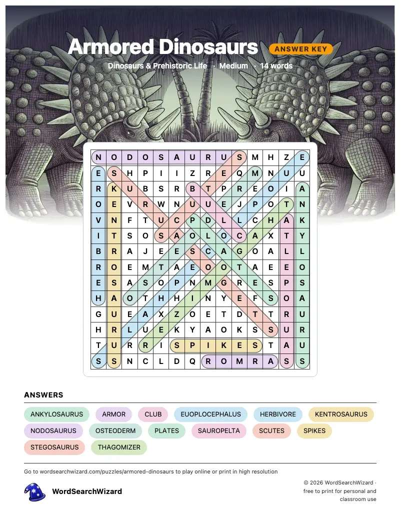 Armored Dinosaurs word search answer key, all 14 words marked