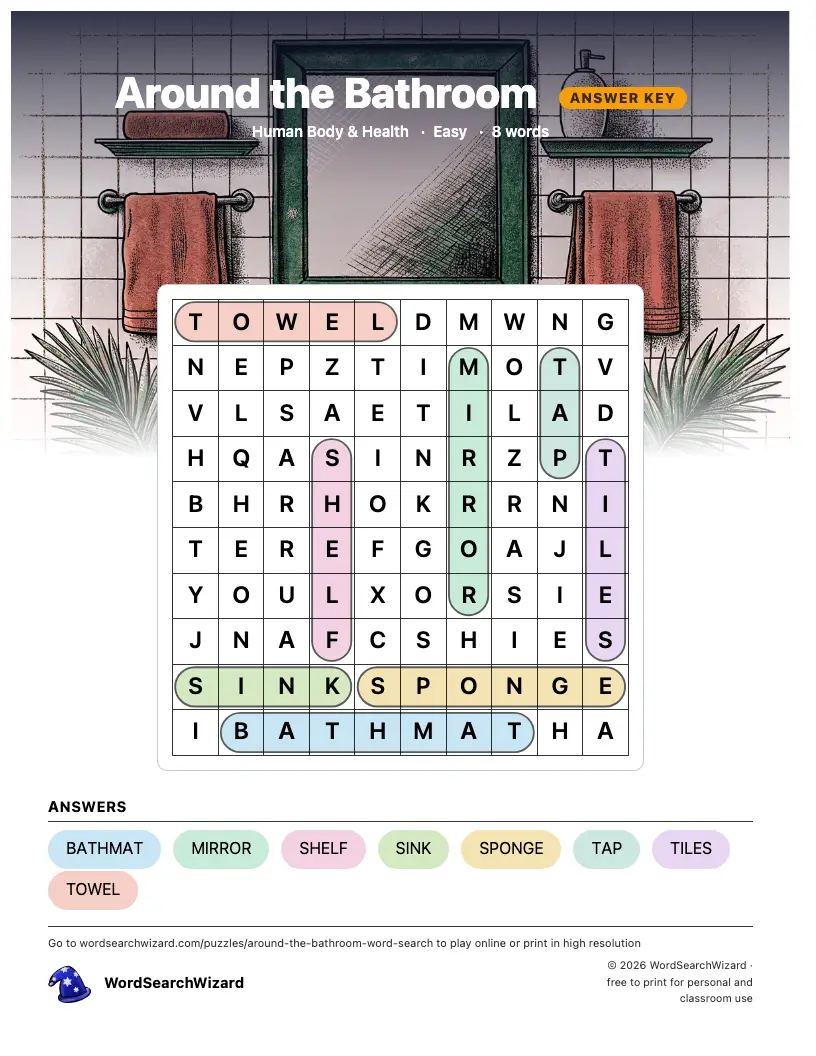 Around the Bathroom word search answer key, all 8 words marked
