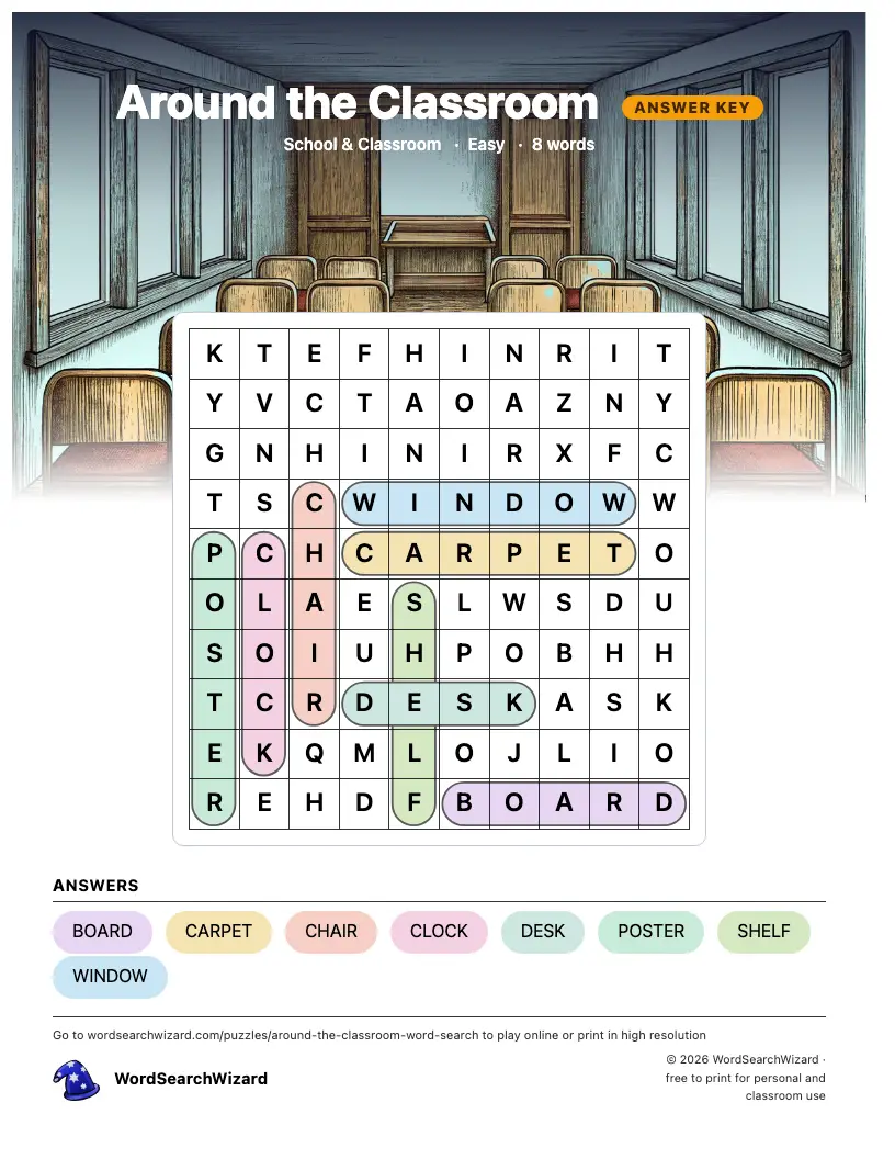 Around the Classroom word search answer key, all 8 words marked