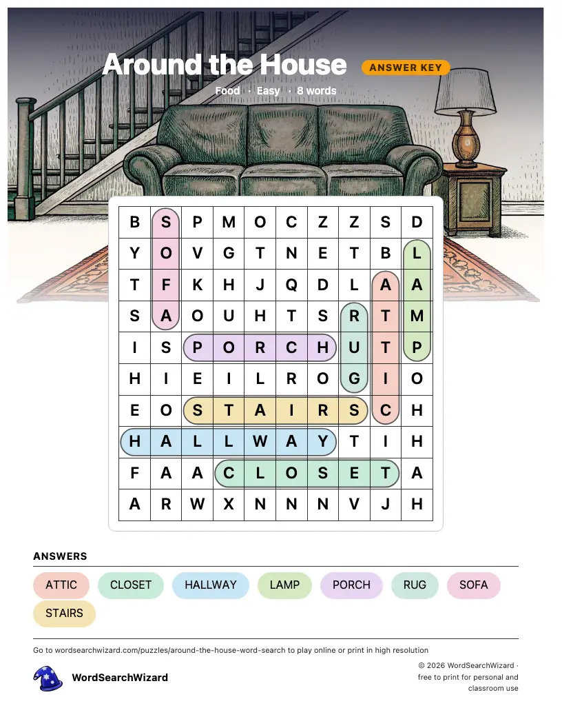 Around the House word search answer key, all 8 words marked