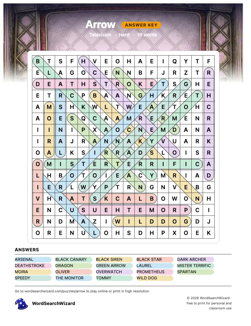Arrow word search answer key, all 19 words marked