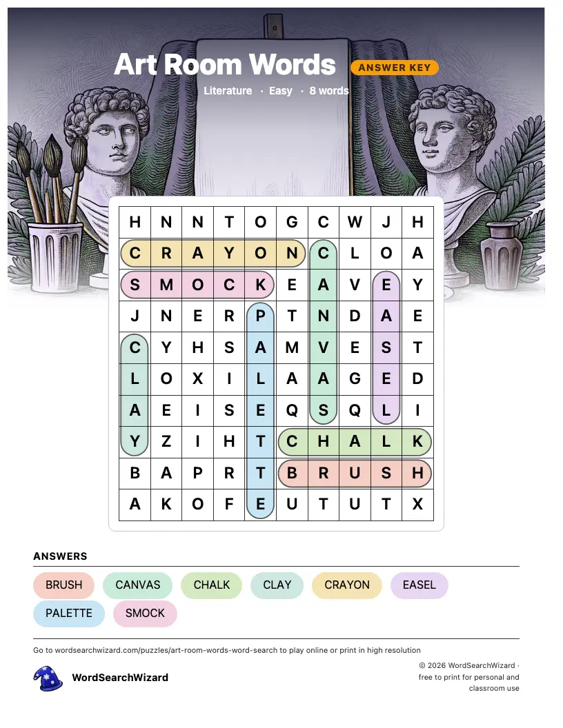 Art Room Words word search answer key, all 8 words marked