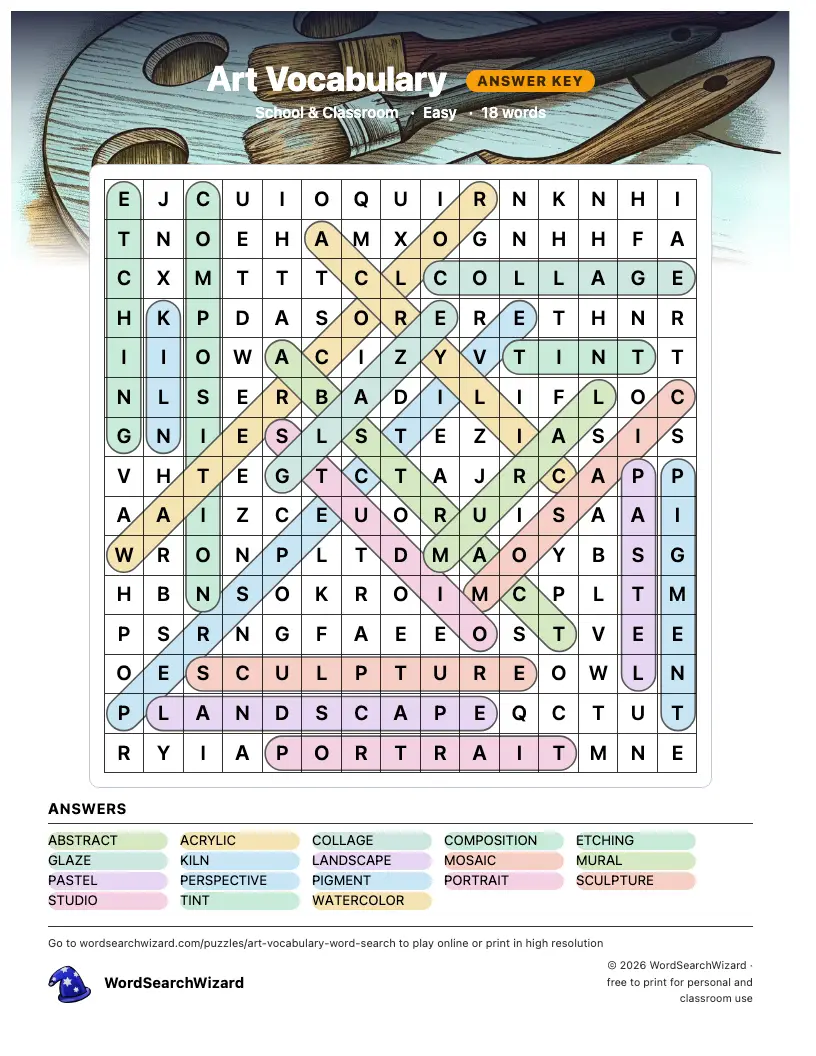 Art Vocabulary word search answer key, all 18 words marked