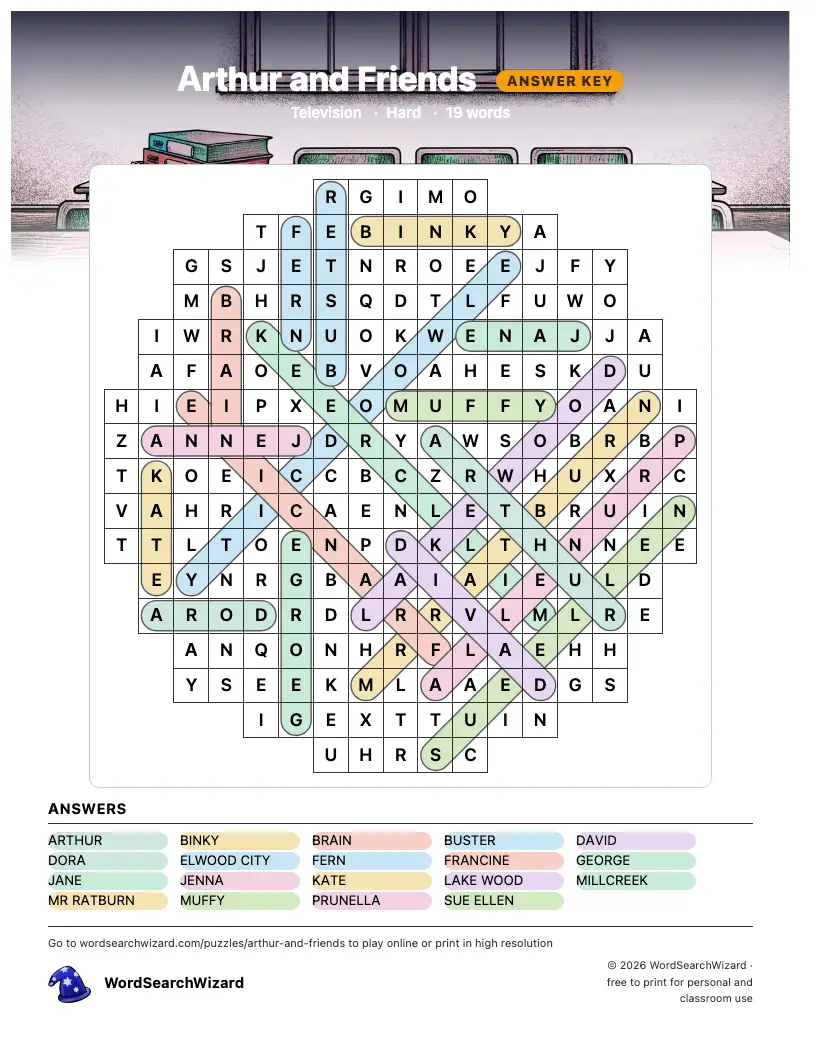 Arthur and Friends word search answer key, all 19 words marked