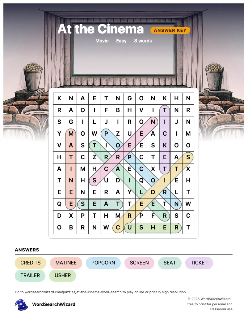 At the Cinema word search answer key, all 8 words marked