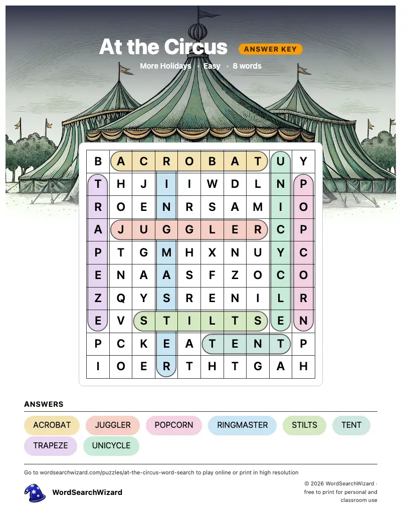 At the Circus word search answer key, all 8 words marked