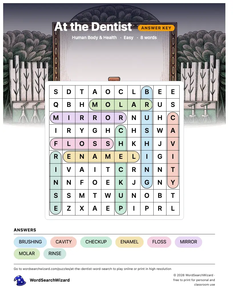 At the Dentist word search answer key, all 8 words marked